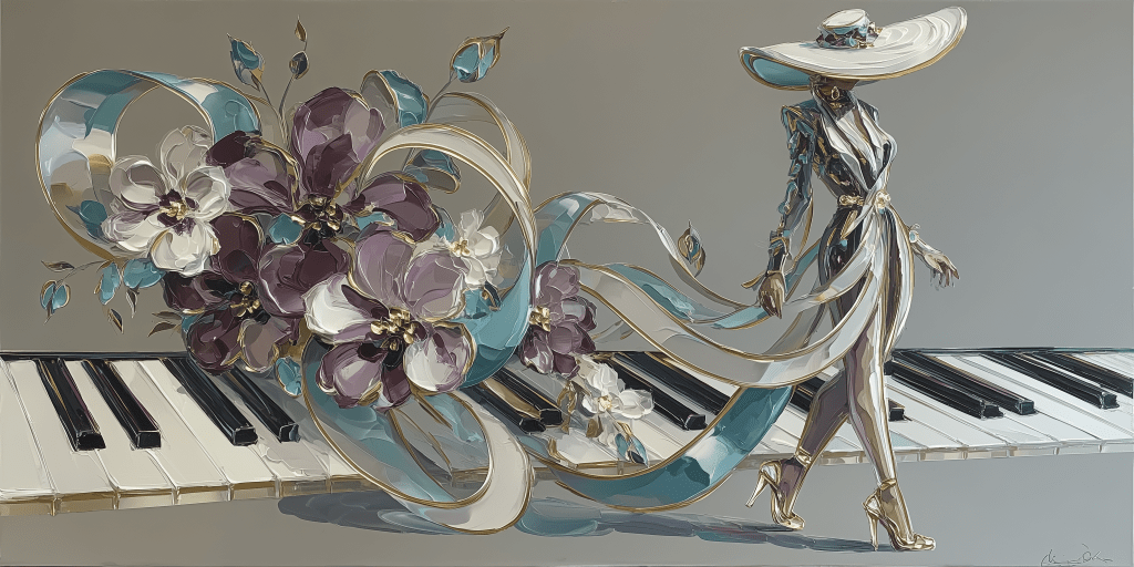 An elegant figure with a wide-brimmed hat walks gracefully across a piano keyboard, surrounded by colorful flowers and flowing ribbons.