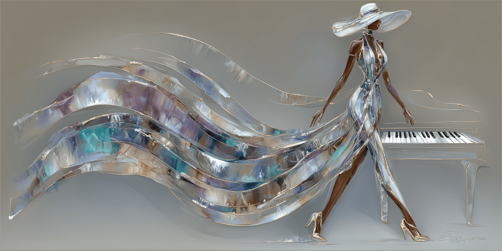 A stylized figure of a woman in a flowing dress with metallic and iridescent patterns, walking elegantly beside a grand piano.