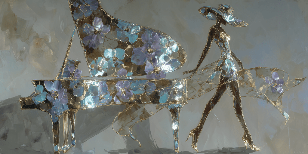 A decorative art piece featuring a glamorous figure in a flowing dress, adorned with blue flowers, walking beside a grand piano embellished with the same floral design.
