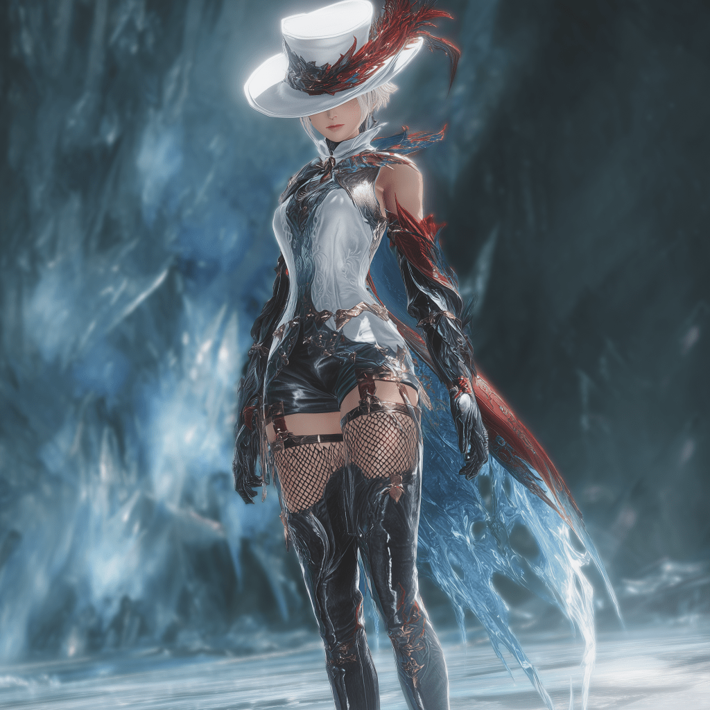 A female character in a stylish outfit featuring a white hat with a red feather, a fitted white top, black shorts, and fishnet tights, standing against a backdrop of icy blue tones.