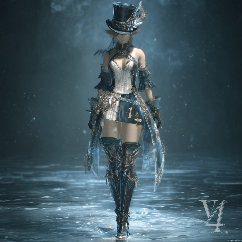 A fantasy character dressed in a blue and white outfit with embellishments, a tall hat, and knee-high boots, standing confidently in a misty atmosphere.