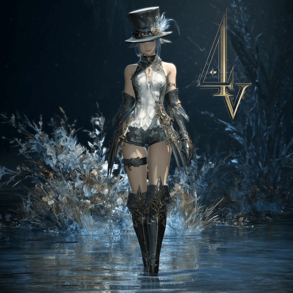 A fantasy character in a stylish outfit featuring a top hat, standing in shallow water surrounded by shimmering vegetation.