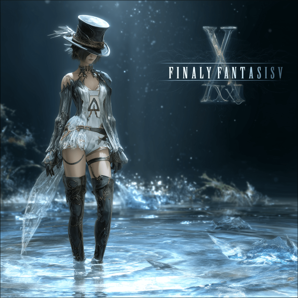 A fantasy character standing in water, wearing a stylish outfit with a tall hat, surrounded by a mystical atmosphere, with the logo 'Final Fantasy XV' displayed in the background.