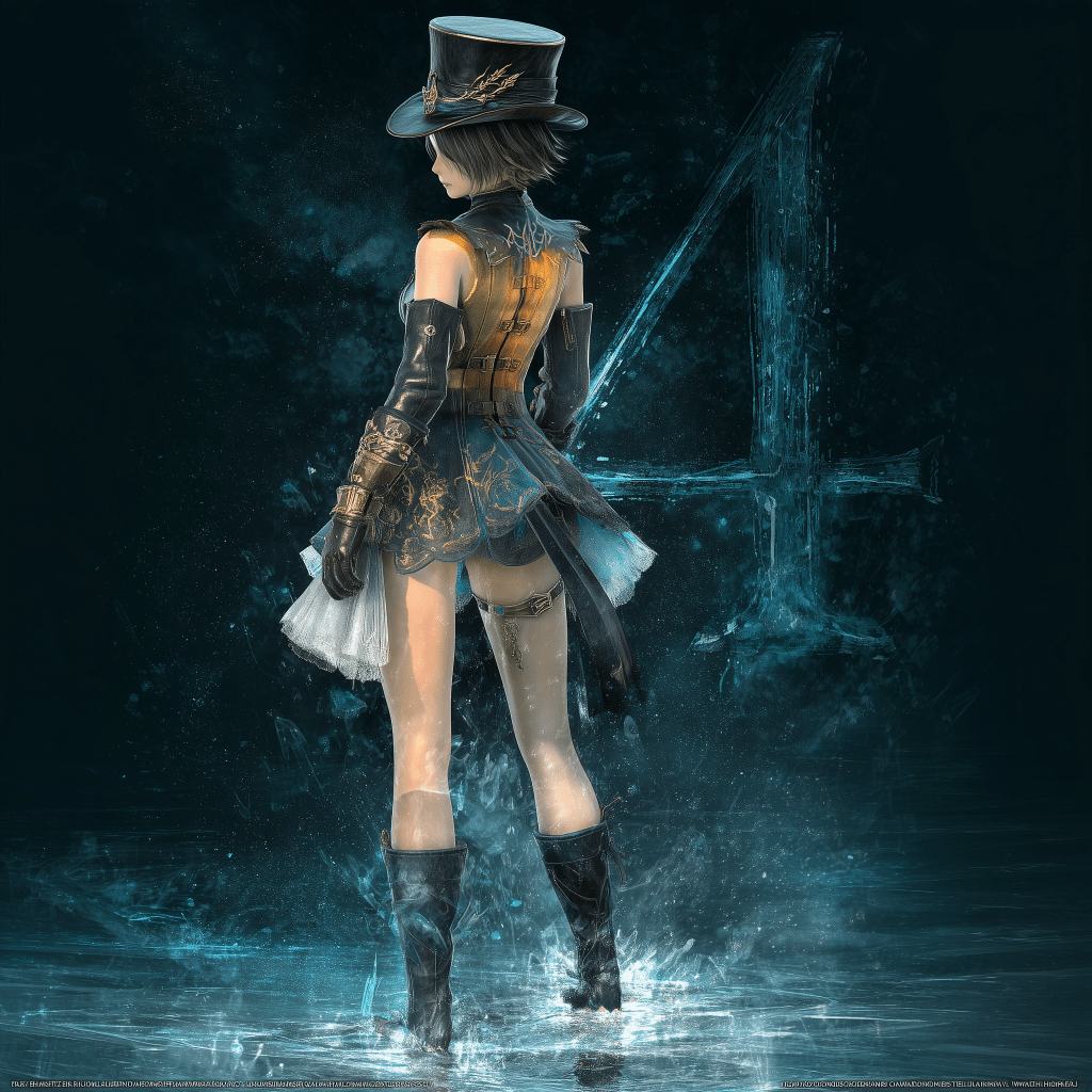 A stylish character in a steampunk-inspired outfit, wearing a top hat and standing in water, with a large '4' in the background, suggesting a fantasy or gaming theme.