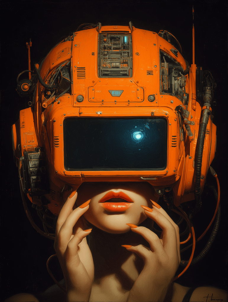 A futuristic female figure with a large orange helmet integrated with technology, hands delicately framing her face, featuring vibrant red lips and long orange nails.