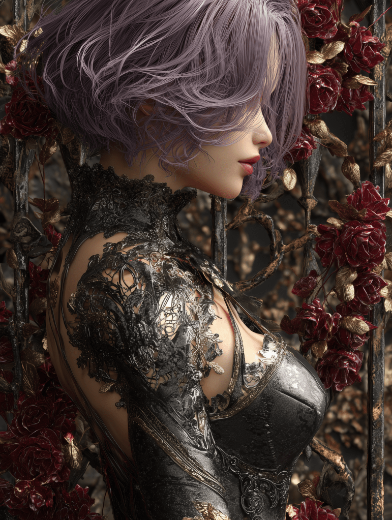 A profile view of a woman with short lavender hair wearing an intricately designed black outfit adorned with lace and floral patterns, surrounded by dark red roses and an ornate background.