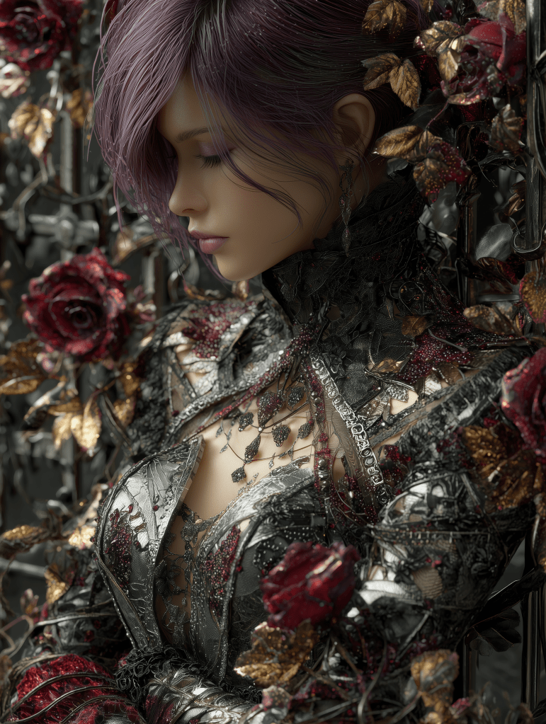 A profile view of a woman with purple hair, adorned in intricate black and silver attire embellished with roses and gold leaves, set against a dark floral background.