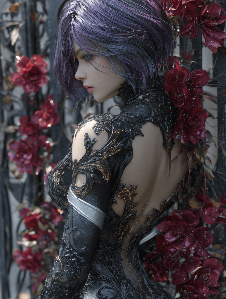 A stylized young woman with short purple hair and intricate black and gold ornate clothing, standing among beautiful red roses in a decorative setting.