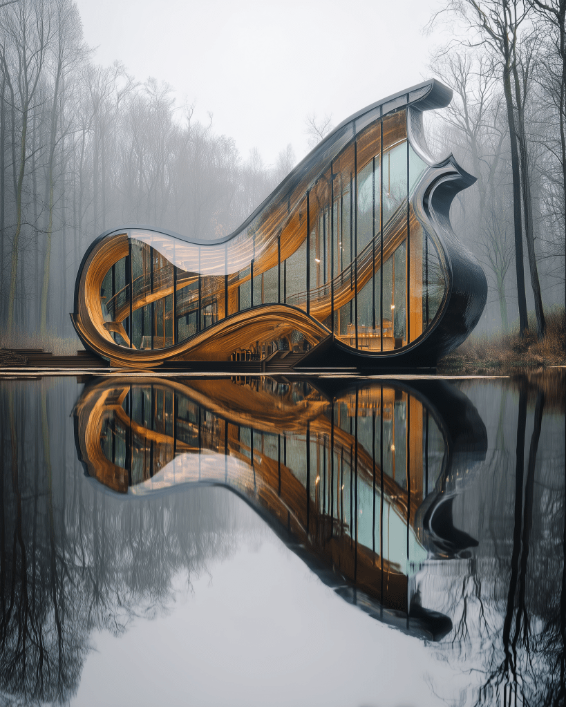 A modern, curvilinear building with large glass walls and wooden accents, situated by a tranquil lake and surrounded by misty trees, reflecting in the water.