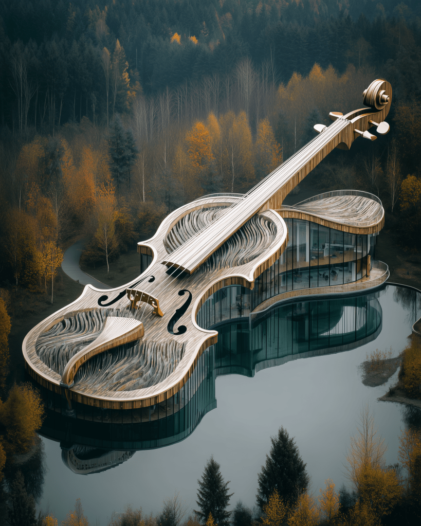 Aerial view of a unique building shaped like a violin, surrounded by a serene landscape of trees with autumn foliage.