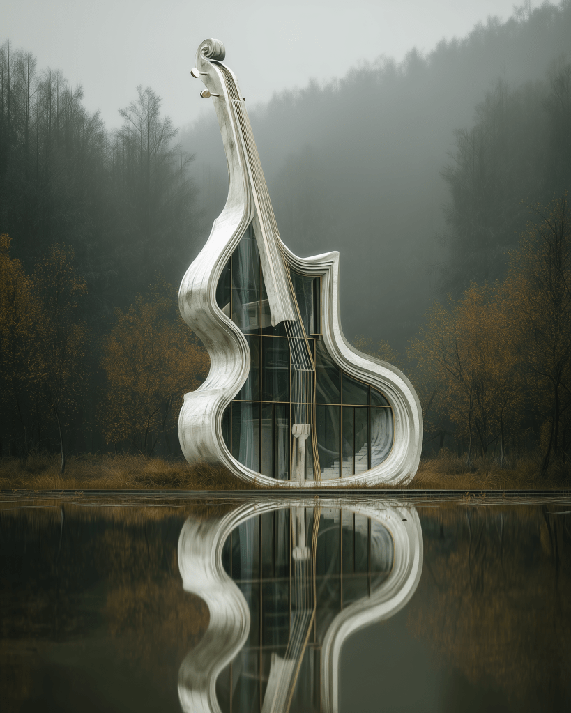 A large, modern building designed to resemble a violin, set beside a calm lake surrounded by misty trees and autumn foliage.