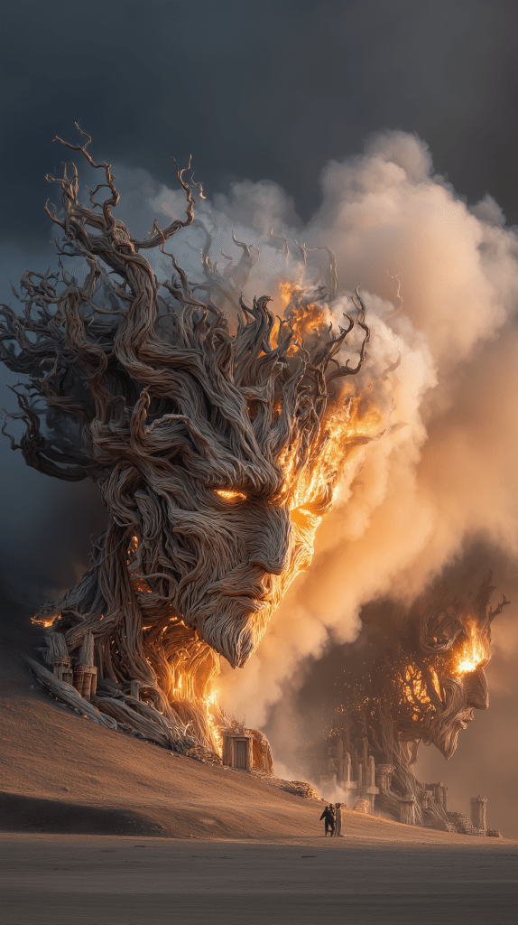 Two large, fiery tree-like figures with human-like faces loom in a dramatic landscape, with smoke billowing around them and two small figures standing in the foreground.