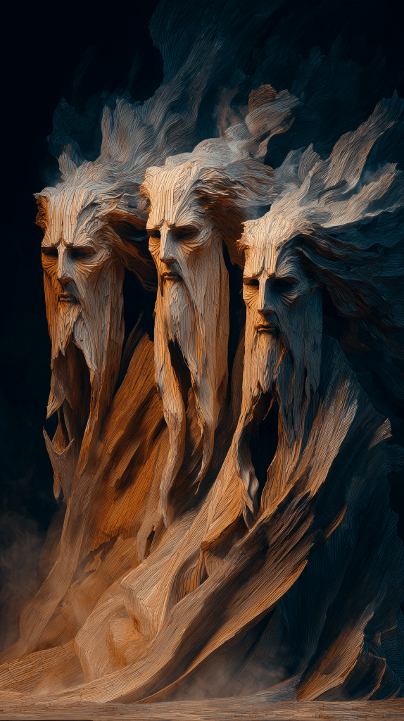 Three abstract wood-like sculptures with elongated faces and flowing hair, exhibiting a mystical and ethereal quality against a dark background.