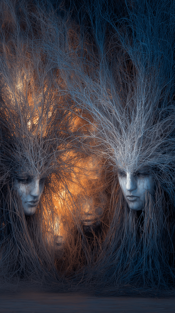 Two ethereal faces surrounded by intricate, tangled branches, with a warm glow emanating from the background.