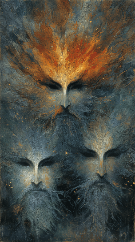 Three abstract faces emerging from swirling textures and colors, with fiery elements in the top face and cool tones in the others.