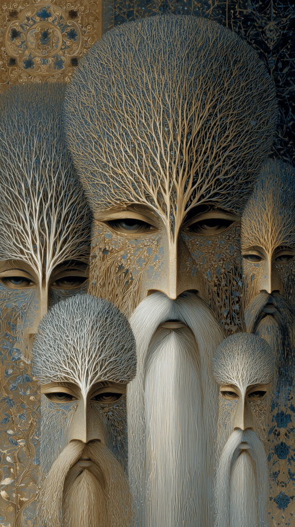 A surreal depiction of five humanoid figures with tree-like features, showcasing intricate branches and facial details, surrounded by a textured background of golden and blue floral patterns.