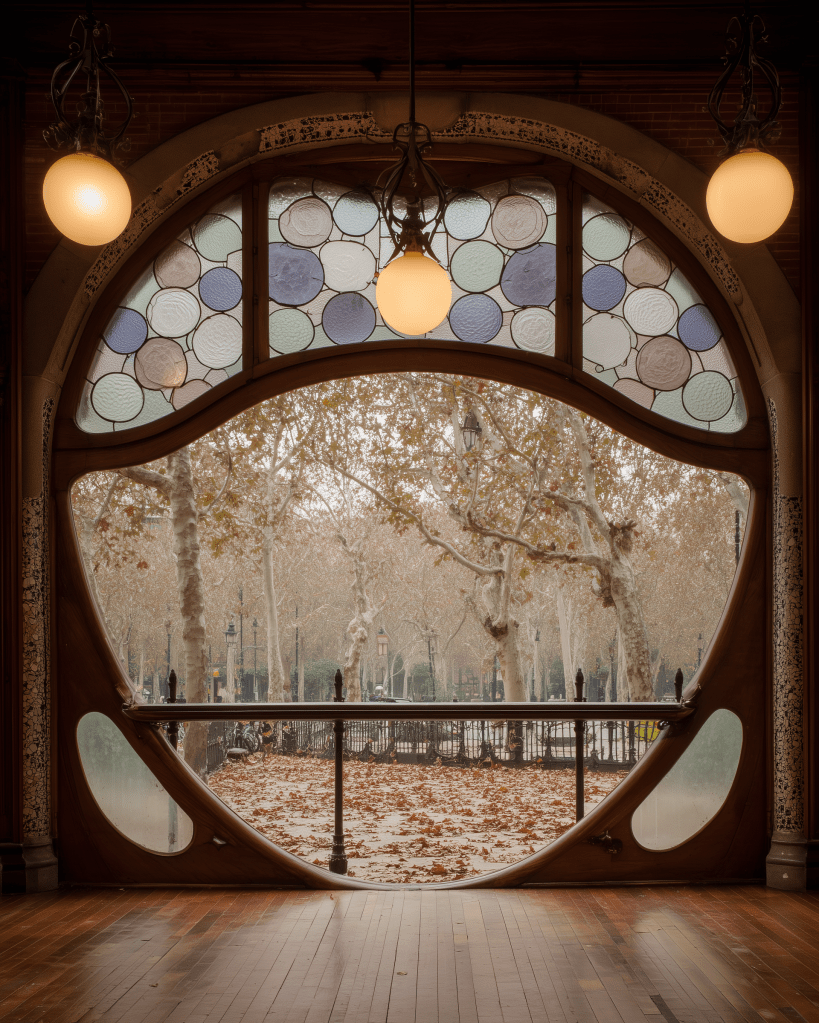 Interior view through a decorative stained glass window featuring circular patterns, looking out to a park with bare trees and fallen leaves.
