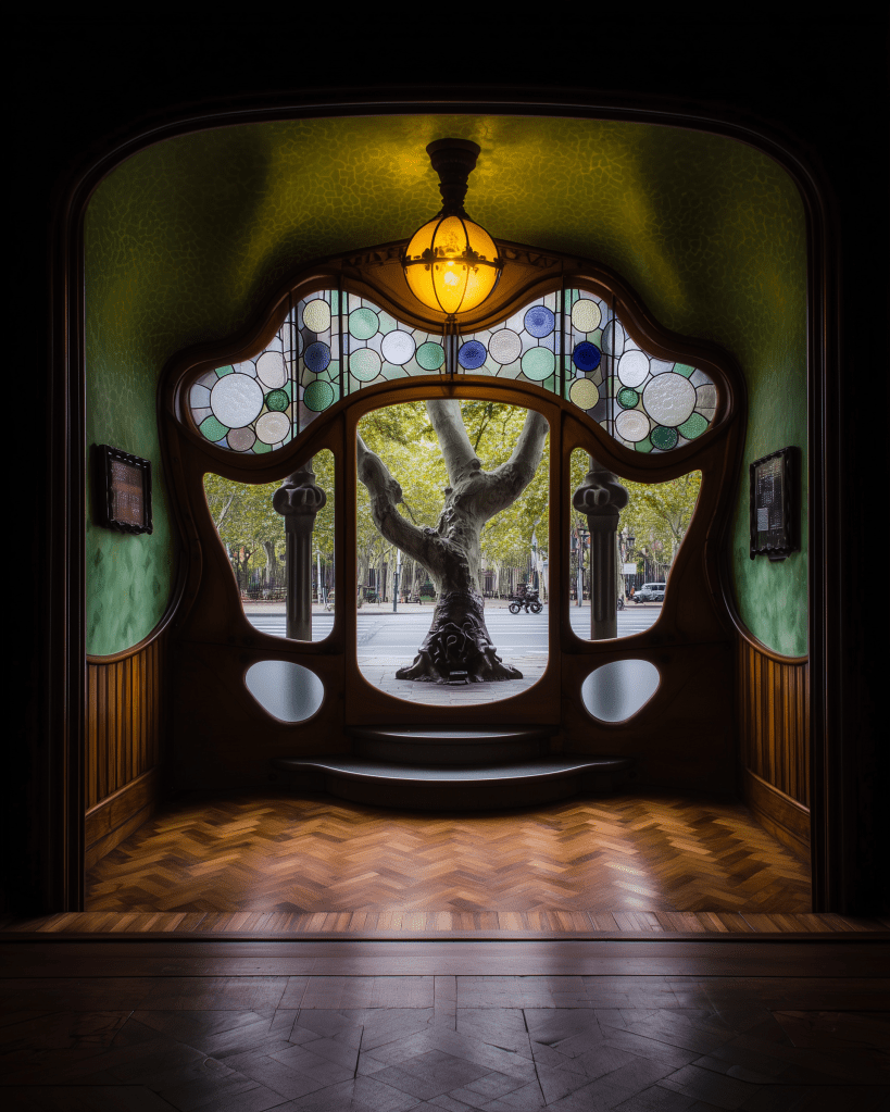 Interior view through a stained glass window, showcasing a tree outside and a wooden floor with a decorative pattern.