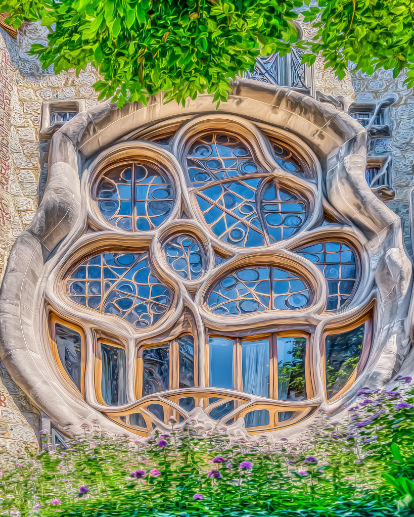 Artistic view of a decorative window with intricate, organic shapes and patterns, framed by lush greenery and colorful flowers in the foreground.