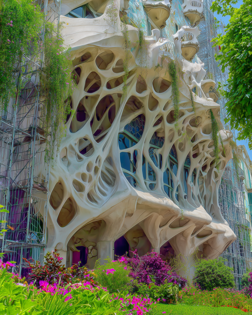 A close-up view of an innovative building facade with organic shapes and intricate patterns, surrounded by lush greenery and vibrant flowering plants.