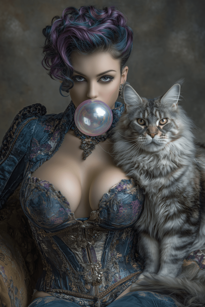 A woman with colorful, wavy hair is sitting and blowing a bubble with gum, wearing an ornate corset. Beside her is a large Maine Coon cat, both posing against a textured background.