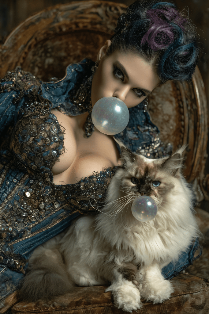 A woman in an ornate blue gown blows a bubble with chewing gum while holding a fluffy cat that also has a bubble. They are seated on a vintage armchair.