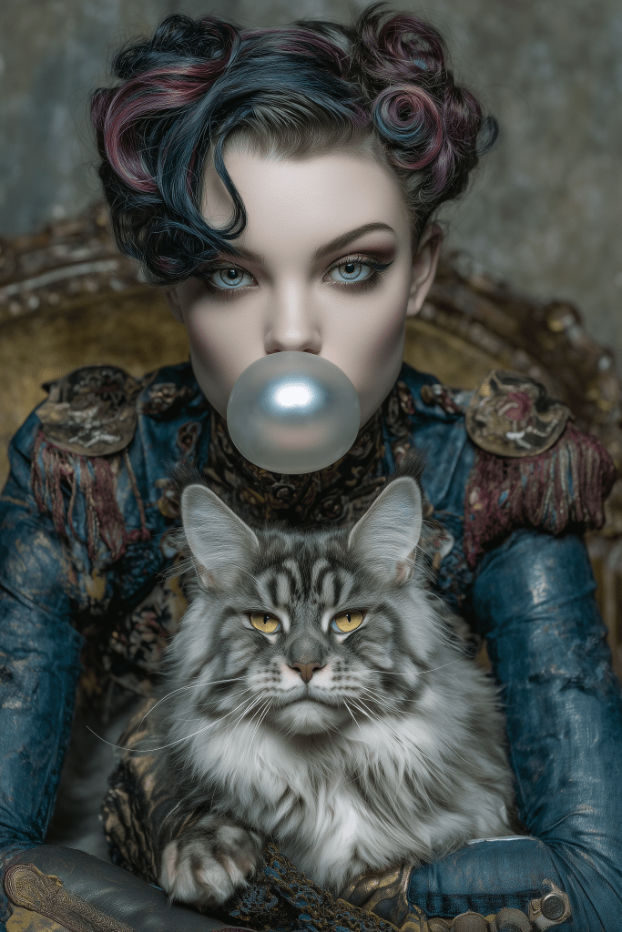 A woman with stylish hair and vintage clothing blowing a bubblegum bubble while sitting with a Maine Coon cat.