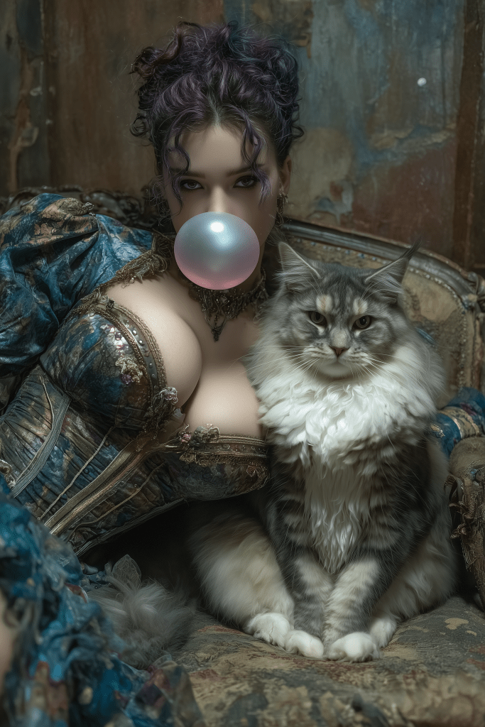 A woman in a vintage corset with purple hair blowing a bubble with gum, sitting on an ornate couch beside a fluffy cat.