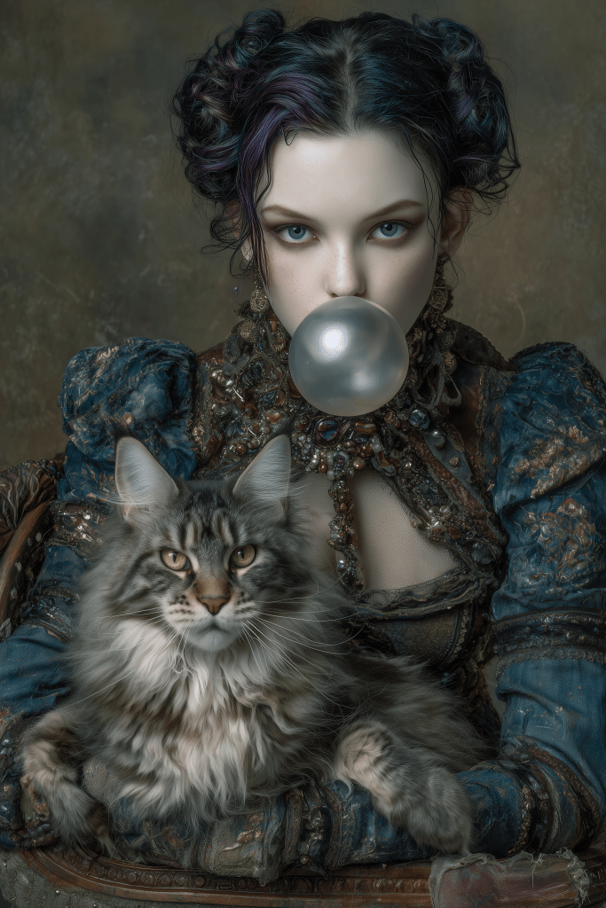 A young woman with dark hair styled in pigtails blowing a bubble with gum, wearing an ornate, vintage dress, sits with a large Maine Coon cat beside her.