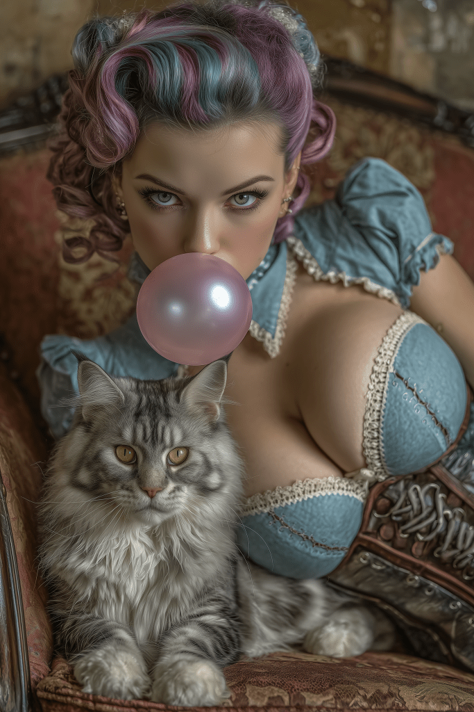 A woman with colorful hair blowing a bubblegum bubble while reclining on a vintage sofa beside a fluffy gray cat.