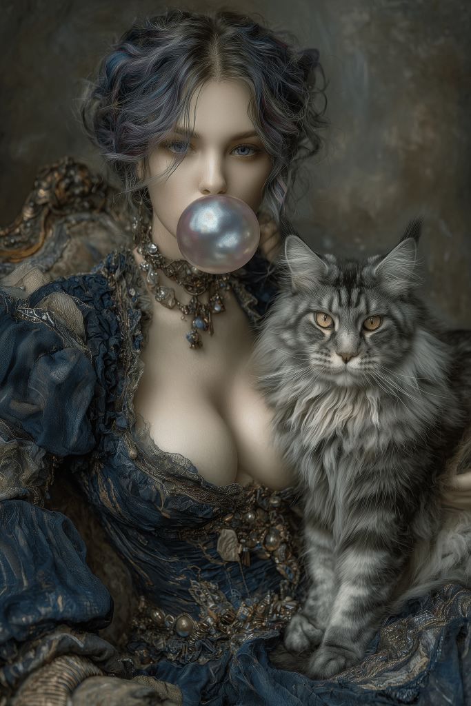 A woman in a vintage blue dress blows a bubble with chewing gum while sitting beside a fluffy gray cat. The background features ornate textures.