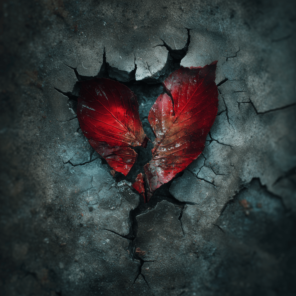 Two red leaves shaped like a heart, cracked and surrounded by a rough, gray surface.