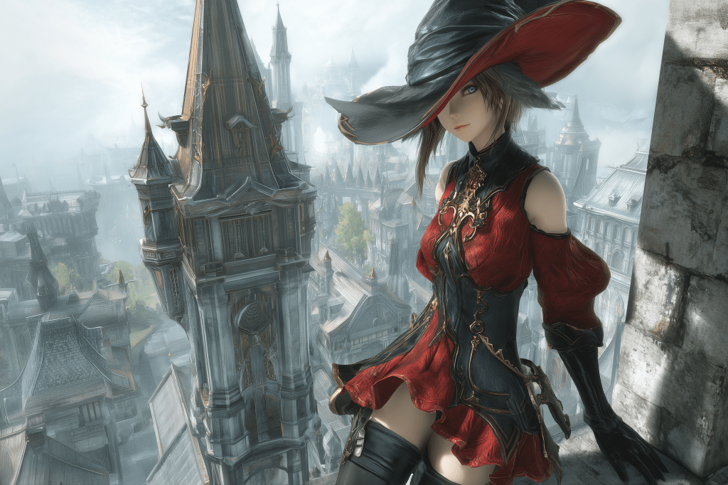 A fantasy character in a red dress and large black hat sits on a stone ledge, overlooking an intricate cityscape with tall towers and gothic architecture.
