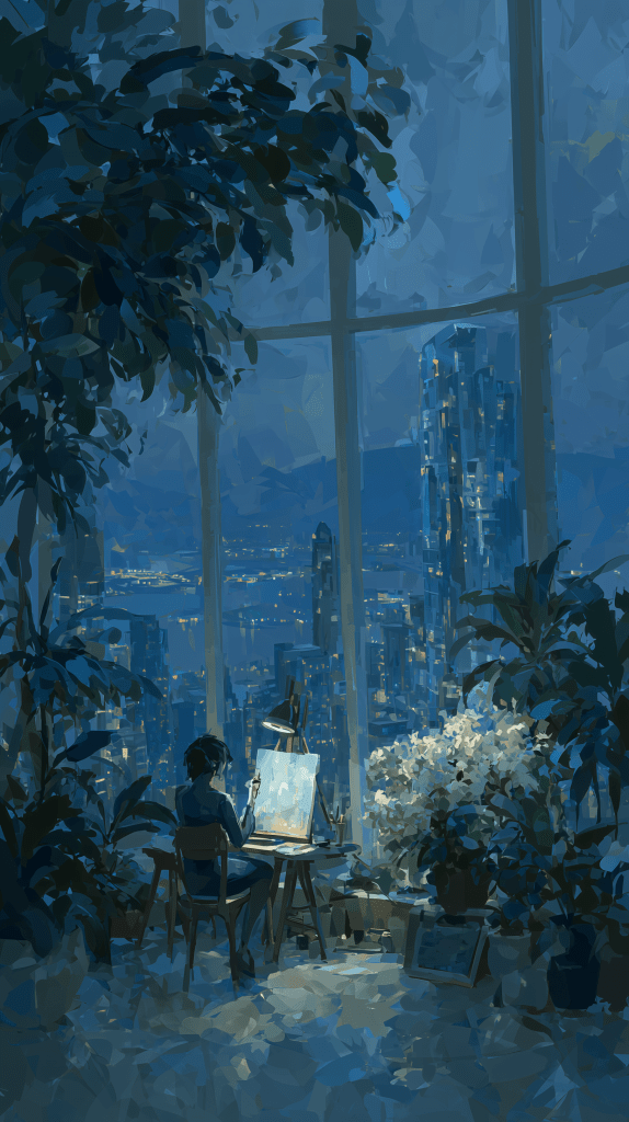 A person sitting at an easel in a dimly lit room filled with plants, painting while looking out over a city skyline at night.