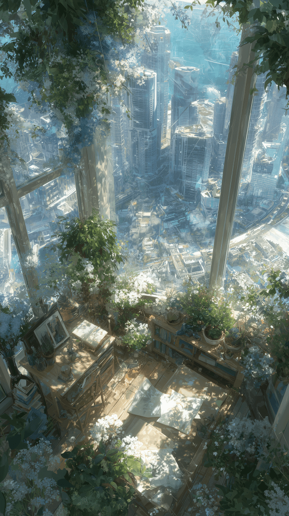 A serene indoor space filled with lush plants and flowers, featuring a wooden desk, bookshelves, and open windows showcasing a stunning view of a modern city skyline.