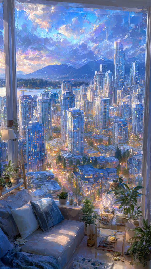 A cozy living room with a sofa and plants, overlooking a vibrant city skyline at sunset with skyscrapers and mountains in the background.
