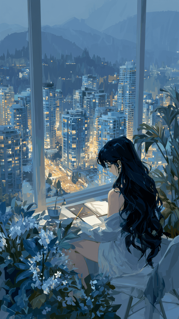 A woman with long black hair sits by a window, writing in a notebook. She is surrounded by potted plants and flowers, with a city skyline lit up in the background at night.