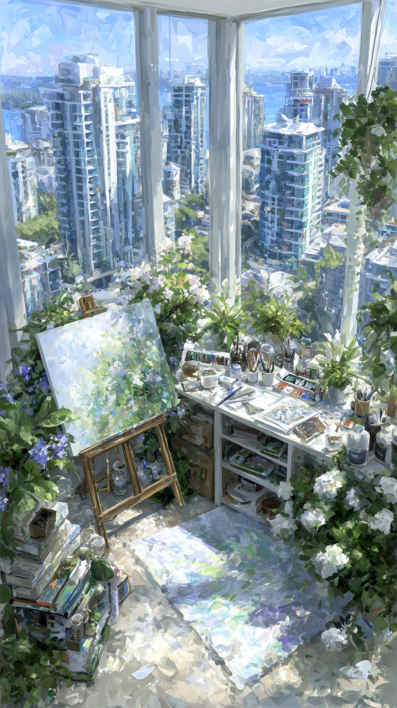 A bright and airy artist's studio with large windows overlooking a city skyline. The workspace features an easel with an unfinished painting, a cluttered table with art supplies, and surrounded by lush green plants and flowers.