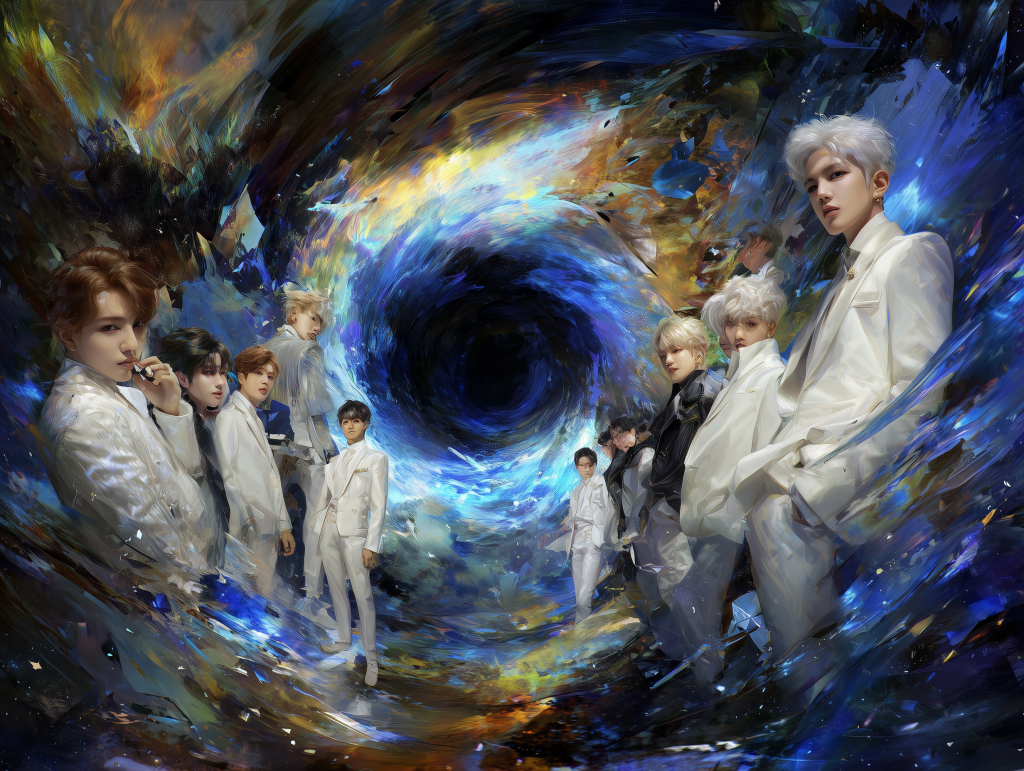 A group of eleven individuals dressed in elegant white suits stands in a dynamic, swirling cosmic background featuring vibrant colors and a central dark vortex, suggesting a theme of mystery and allure.