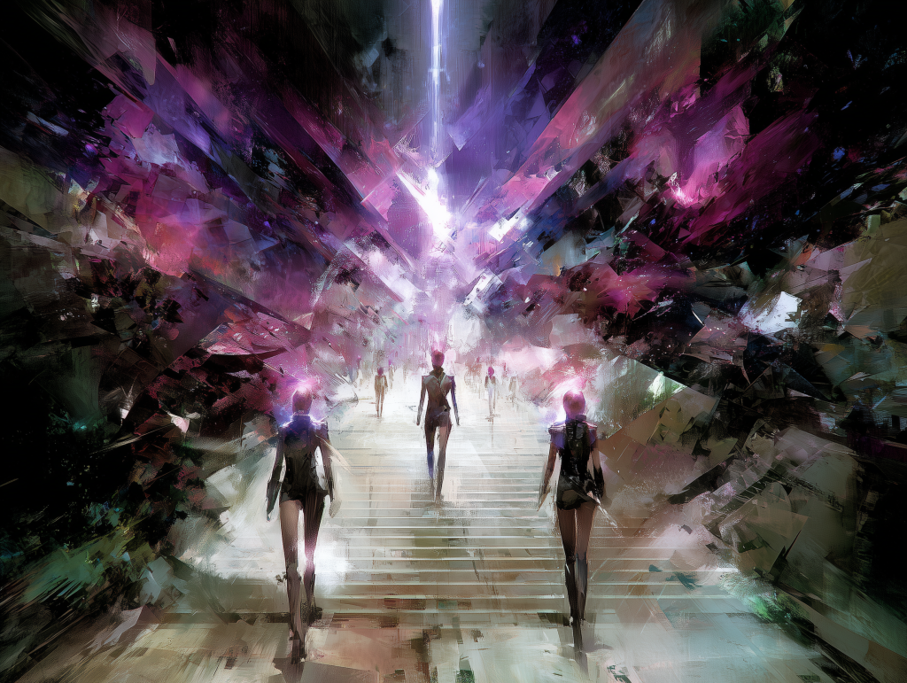 A futuristic scene depicting figures walking along a pathway illuminated by vibrant, abstract colors, surrounded by an otherworldly environment.