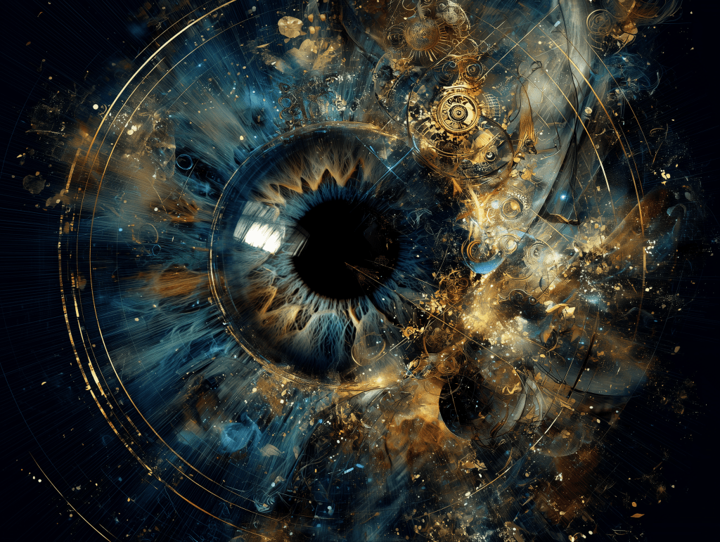 An abstract illustration of an eye surrounded by swirling cosmic elements, featuring a mix of dark, blue, and gold colors, with intricate patterns and shapes that evoke a sense of depth and imagination.