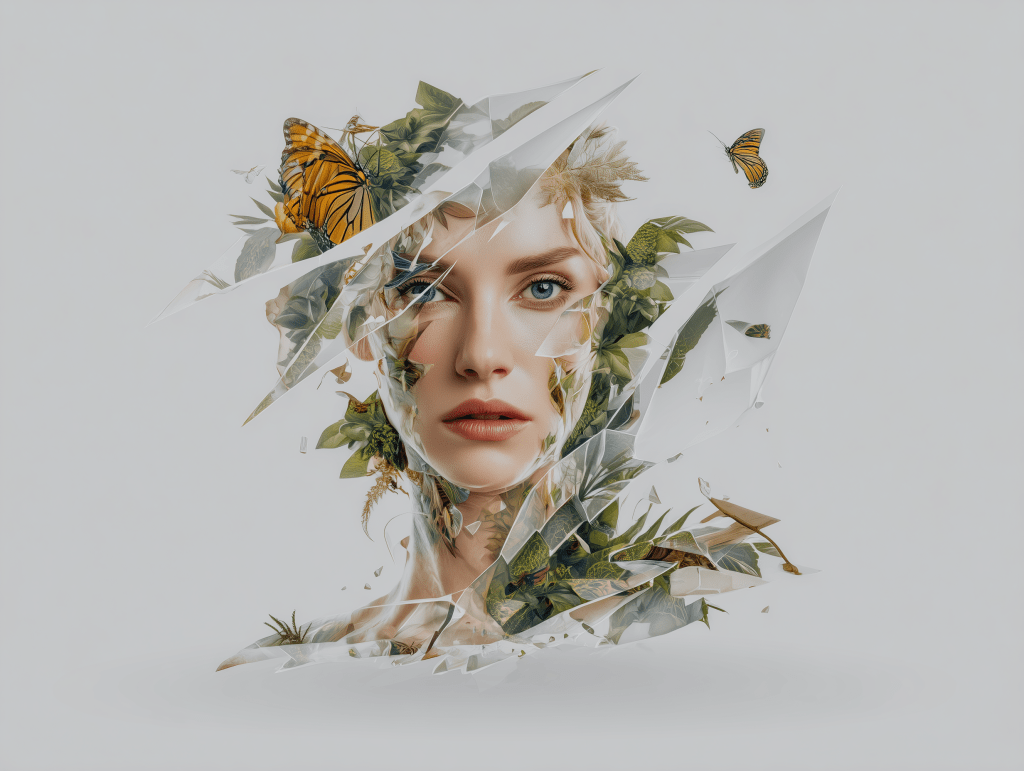 A fragmented image of a woman's face blended with lush greenery and butterflies, creating a surreal and artistic representation of nature.