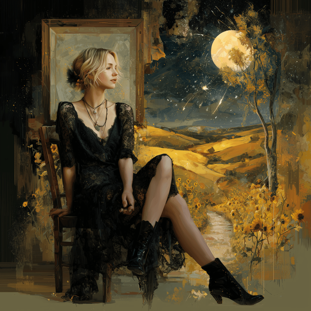 A woman in a black lace dress sits on a chair, gazing thoughtfully. She is adorned with necklaces and has a flower in her hair. The background features a vibrant landscape with rolling hills, a moonlit sky, and a trail lined with sunflowers.