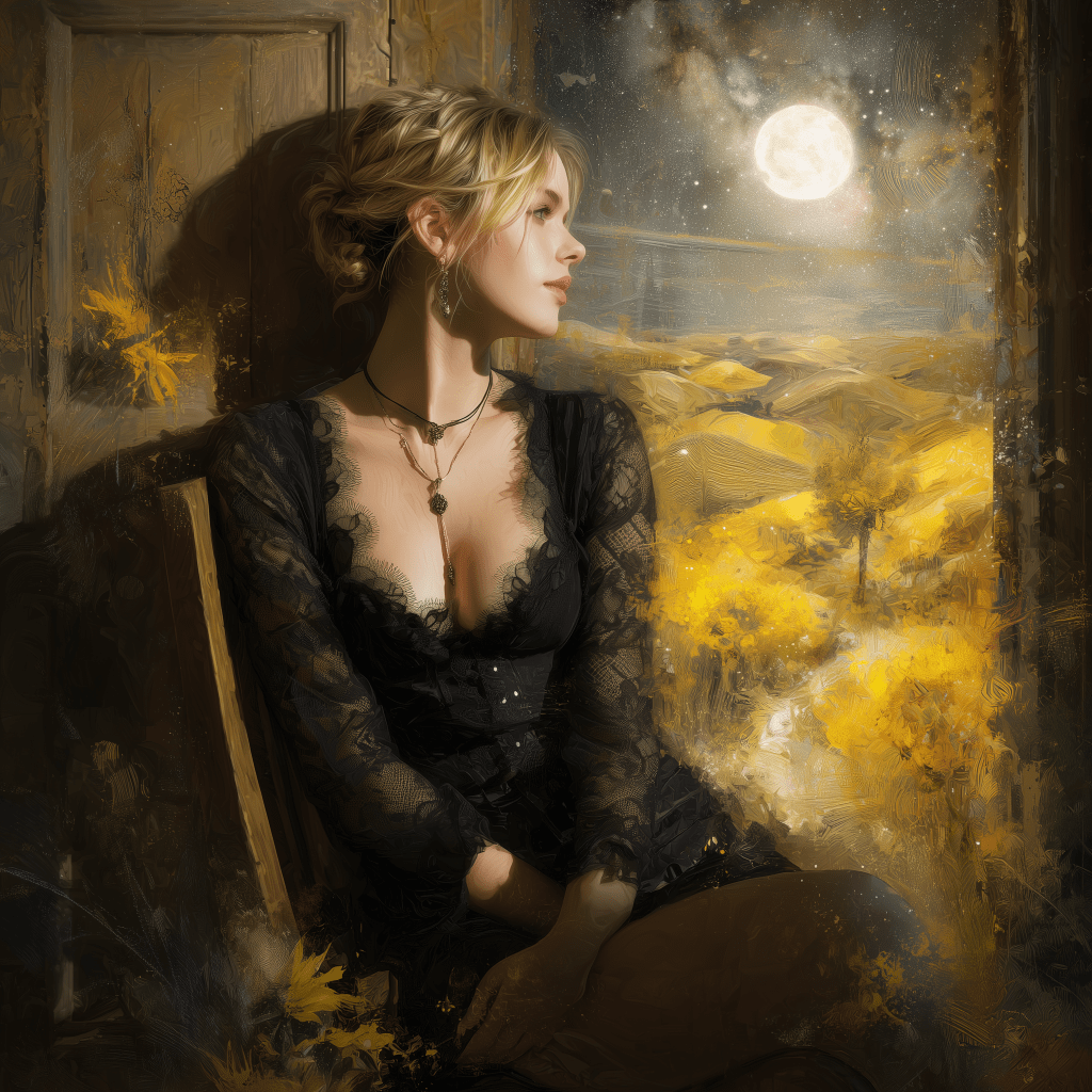 A woman in a black lace dress sits by a window, gazing thoughtfully outside at a moonlit landscape with yellow foliage.