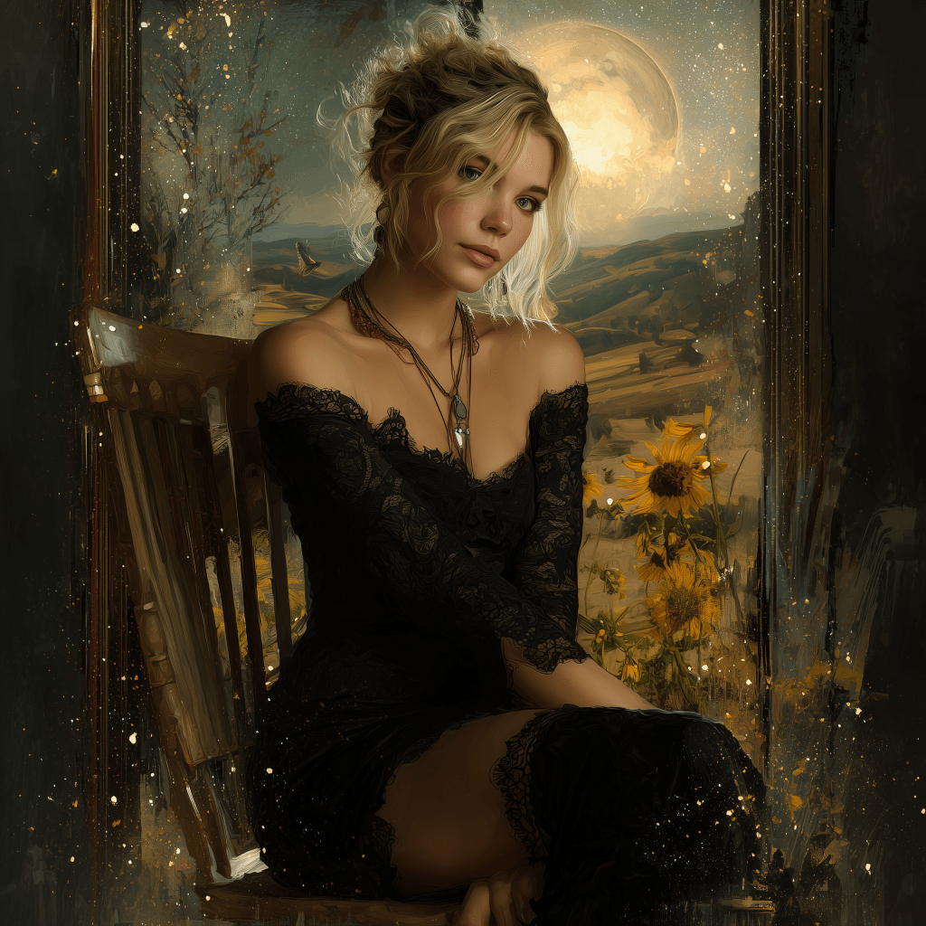 A young woman in a black lace dress sitting in a chair, with a serene expression. The background features a landscape with sunflowers and a large moon illuminating the scene.
