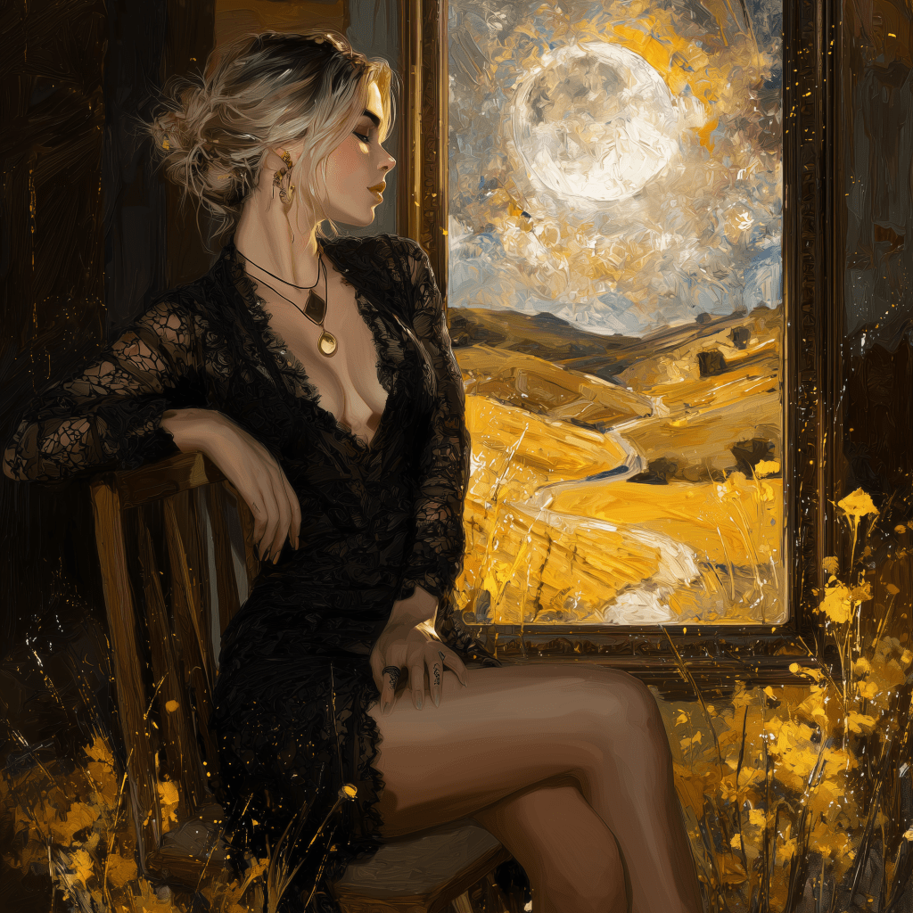 A woman in a black lace dress sitting on a wooden chair, gazing out of a window with a beautiful landscape featuring golden fields and a large moon in the background.