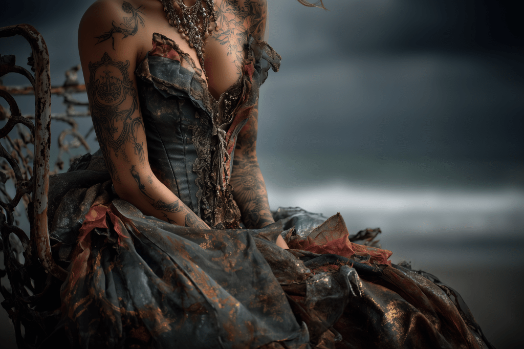 Close-up of a woman wearing a torn, dark corset dress with intricate tattoos on her arms, seated against a rusted backdrop, with a moody beach scene in the background.