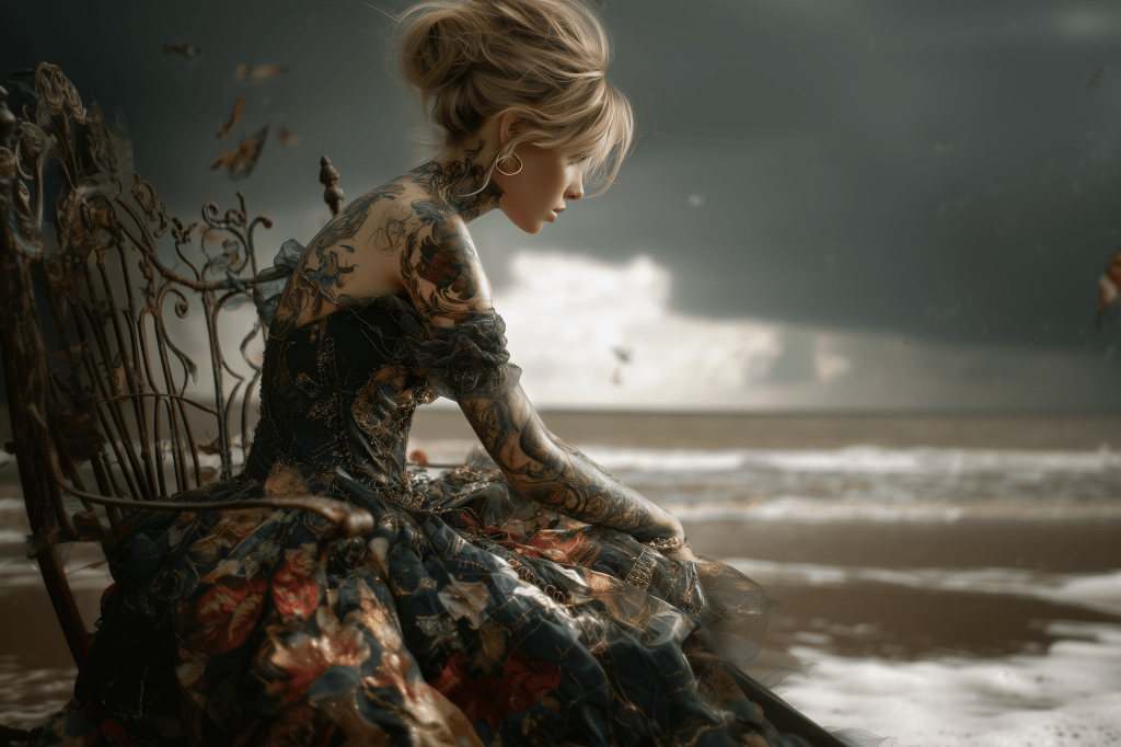 A contemplative woman with intricate tattoos sits on an ornate chair by the beach, wearing a flowing floral dress, as dark clouds gather in the sky.
