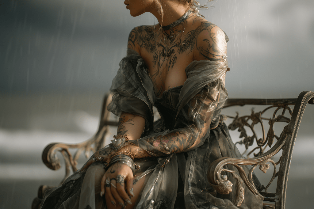 A woman with intricate tattoos wearing a flowing, ethereal gown sits on an ornate bench amidst falling rain, with a stormy sea in the background.