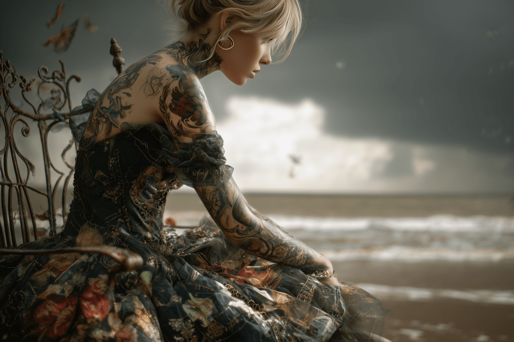 A woman with intricate tattoos wearing a floral dress sits thoughtfully on a vintage chair by the shore, with a dramatic cloudy sky in the background.